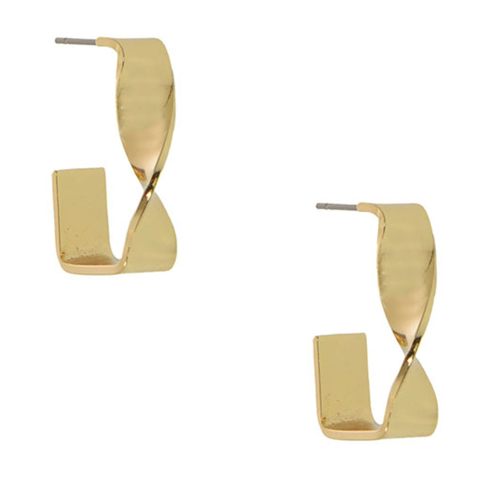 Gold twisted angle hoop post earrings with a flat, architectural design and a polished metallic finish.