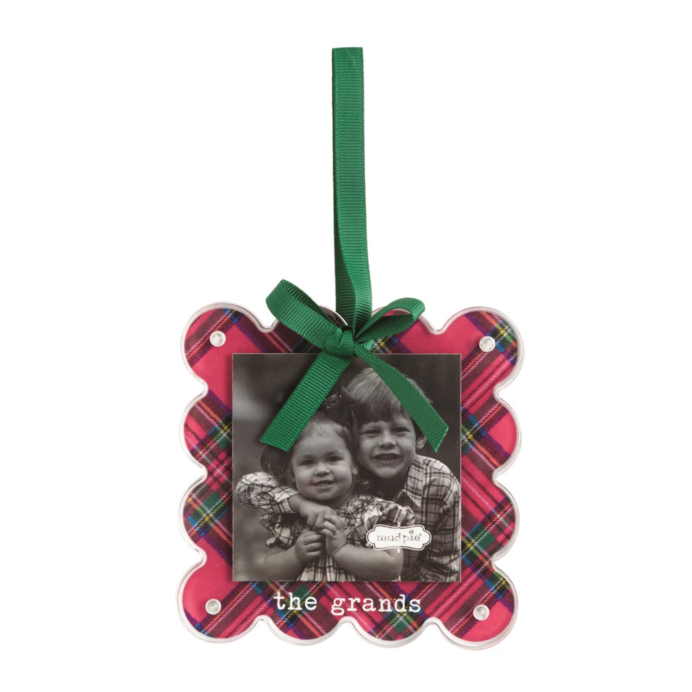 Grands tartan photo ornament with a green ribbon and "the grands" text.