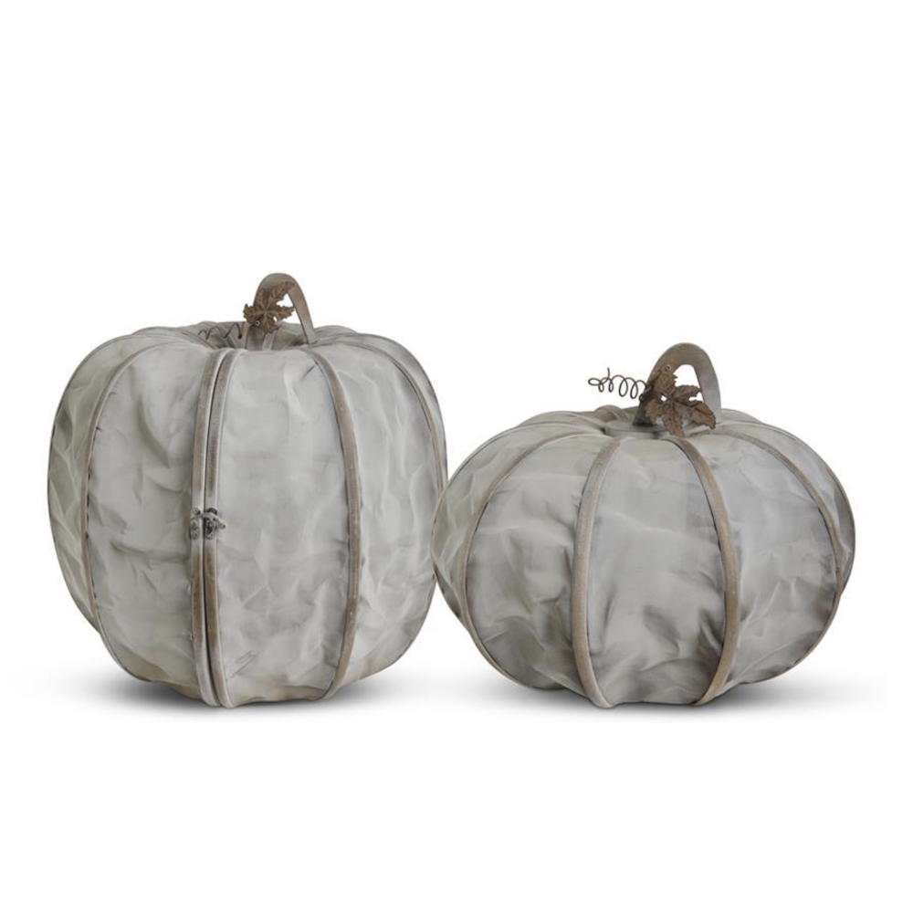 Two decorative rustic grey mesh pumpkins with metal frames and leaf accents.
