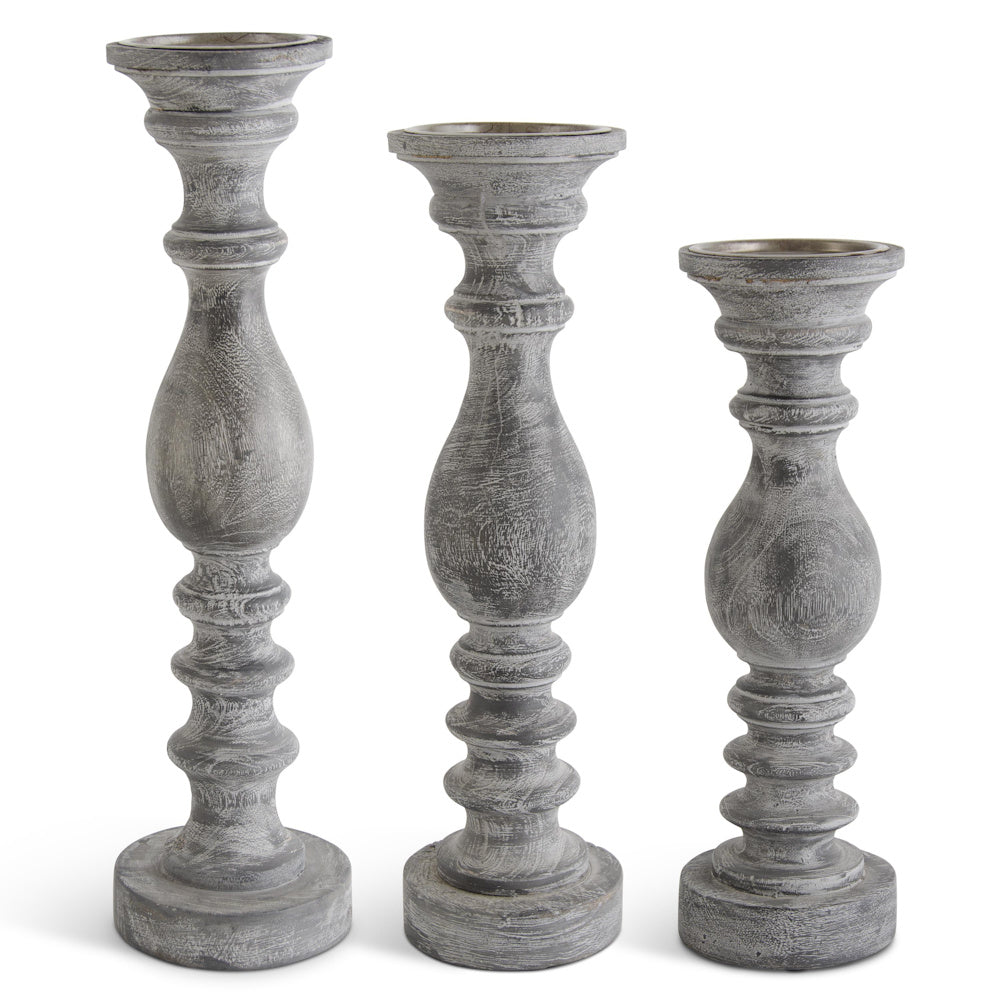 Large Gray Ribbed Wood Candleholder — alternate view 2