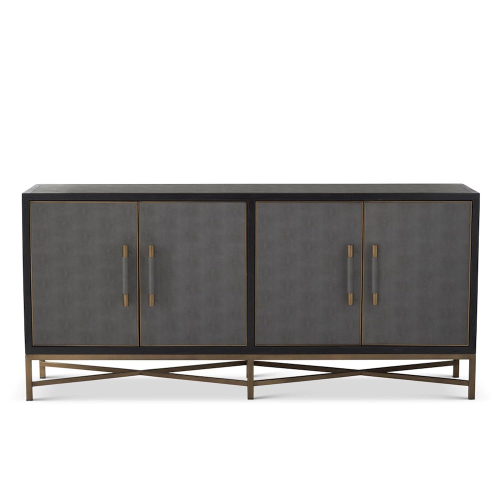 Modern charcoal gray shagreen sideboard cabinet with four doors and a brass metal cross base.