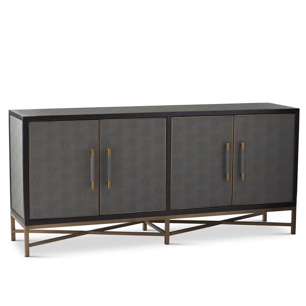 Gray vegan leather sideboard with antique brass metal base and hardware.