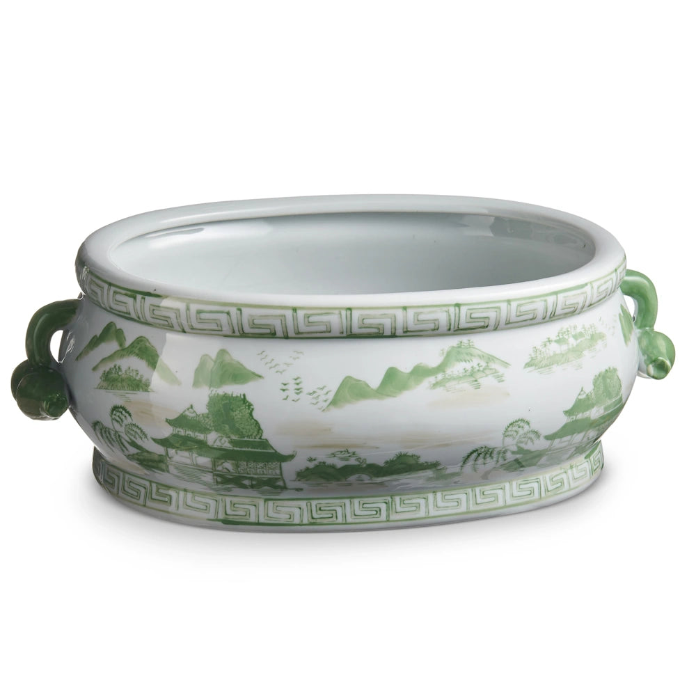 Oval white ceramic planter with green landscape illustrations, Greek key borders, and decorative side handles.
