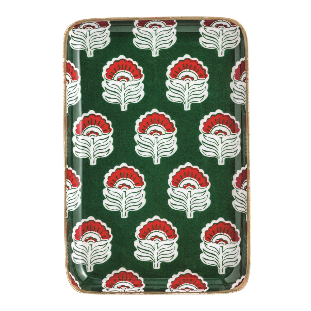 Rectangular green metal Christmas tidbit plate with a festive block-print style floral pattern.