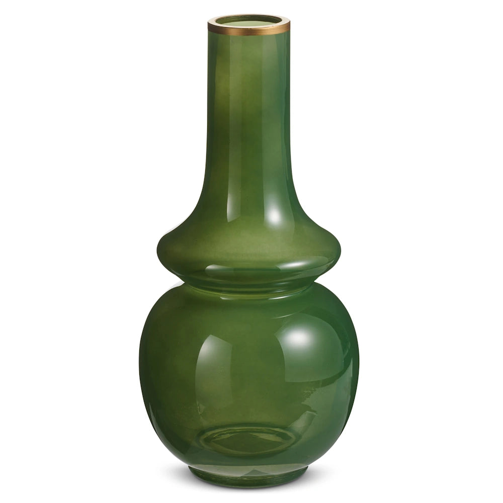 Green glass bud vase with a double-bulbous base, a long slender neck, and a thin gold rim on a white background.