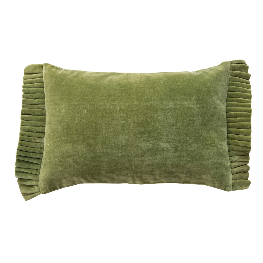 Olive green velvet lumbar pillow featuring pleated ruffle trim on both side edges.