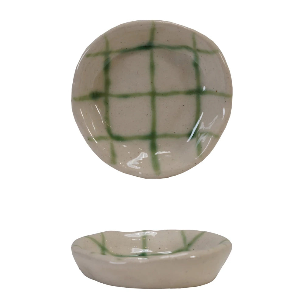 Green & Cream Stoneware Dish with Grid Pattern