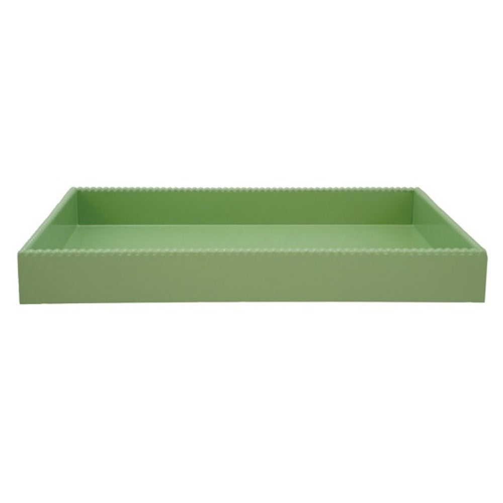 A rectangular green decorative tray with a beaded hobnail edge shown on a white background.
