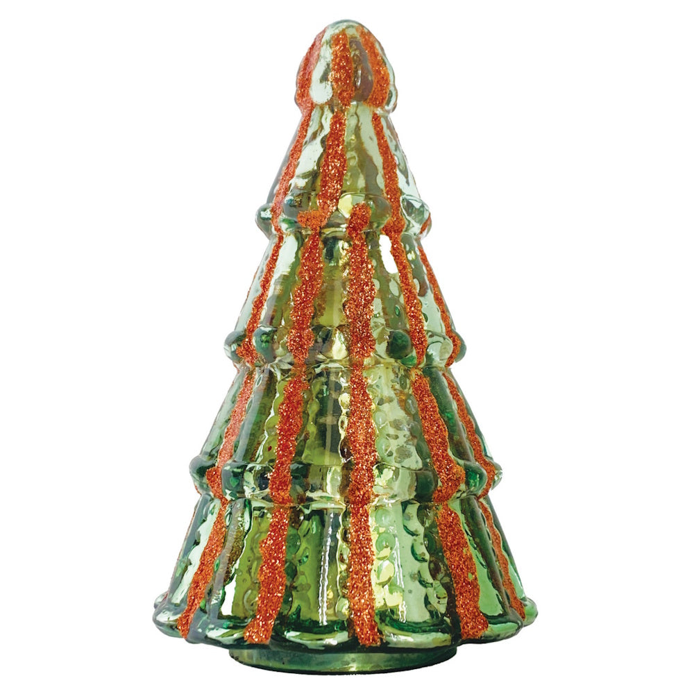 Green mercury glass Christmas tree figurine decorated with vertical orange glitter stripes.