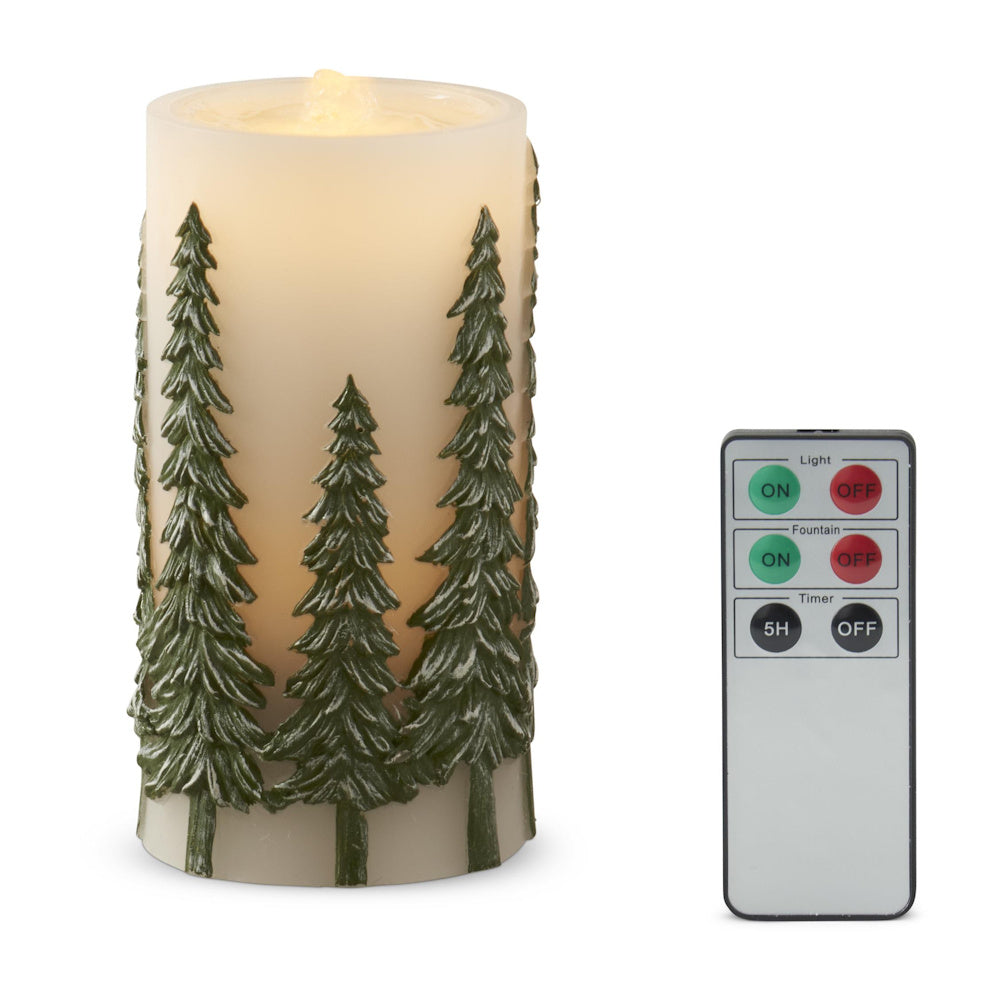 A green embossed tree water candle with a timer and remote control.