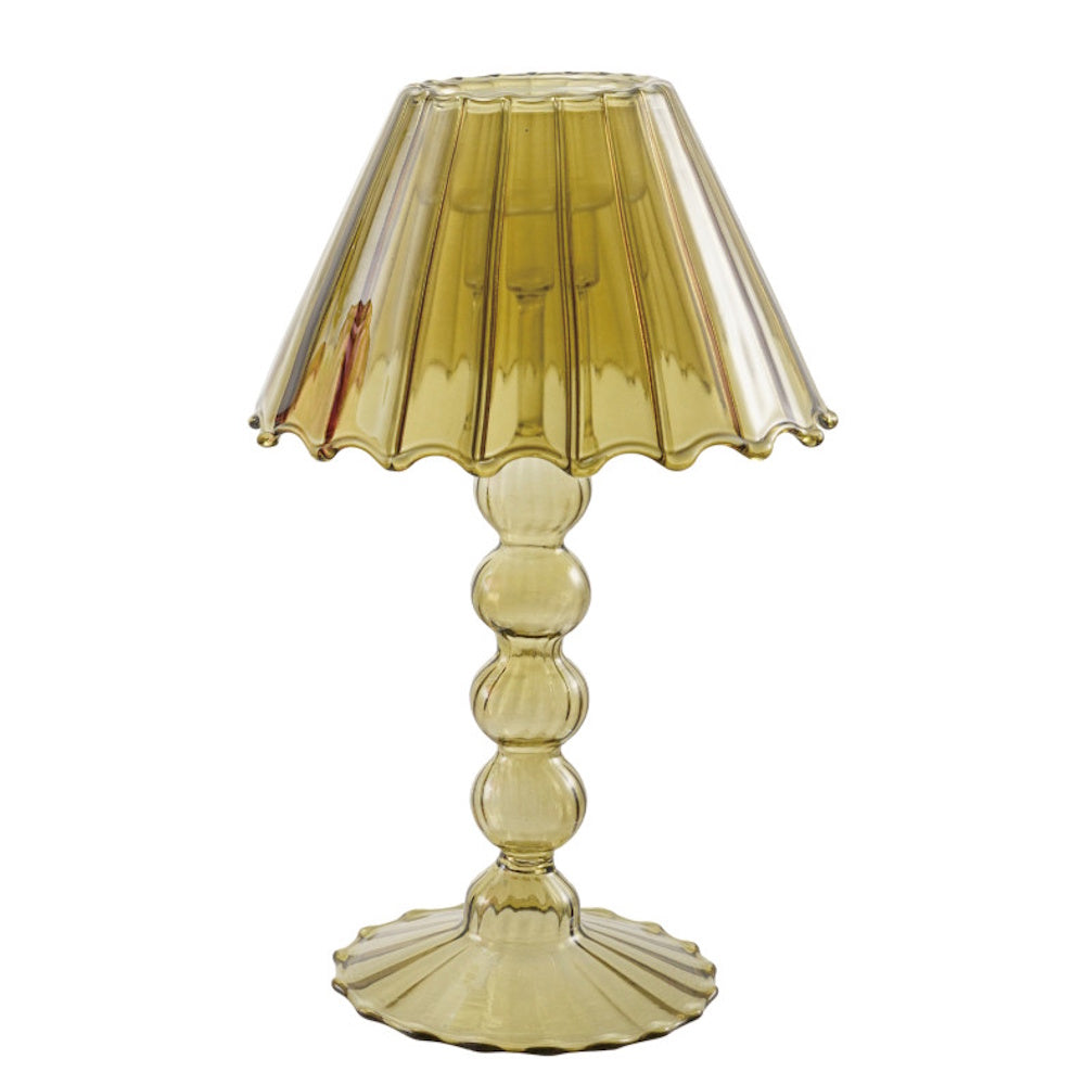 Green lampshade-style glass candle holder with a beaded stem and a scalloped base.