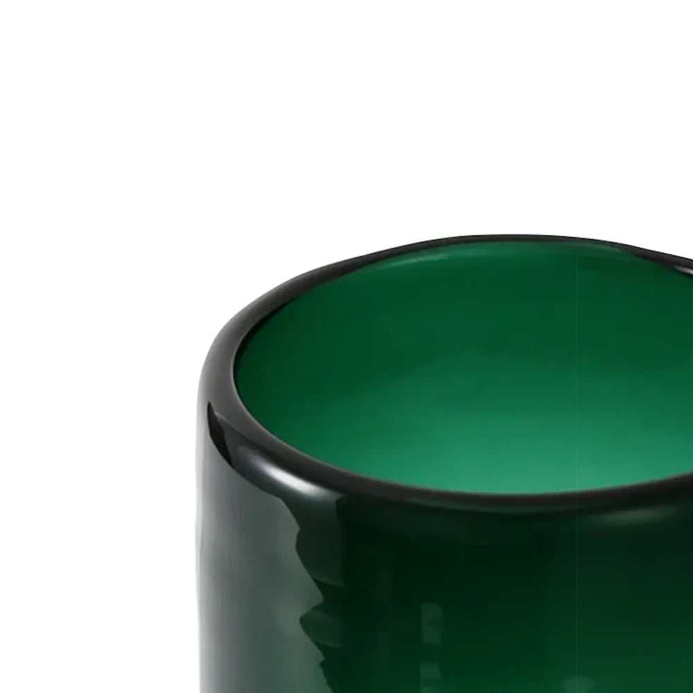 Top-down view of a modern dark green glass vase featuring a smooth, glossy finish.