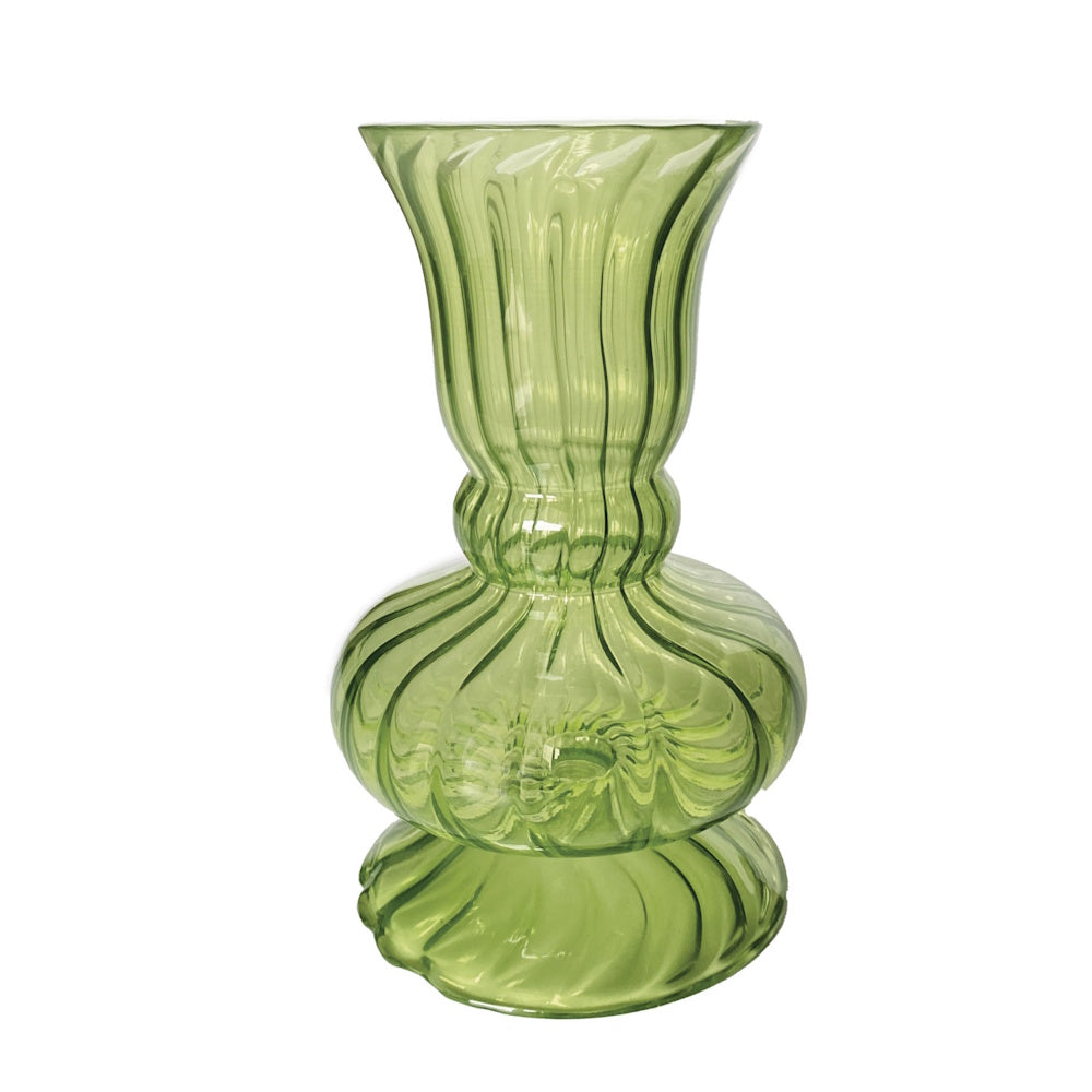 Light green fluted glass vase with a flared top, rounded middle, and swirled ridges.