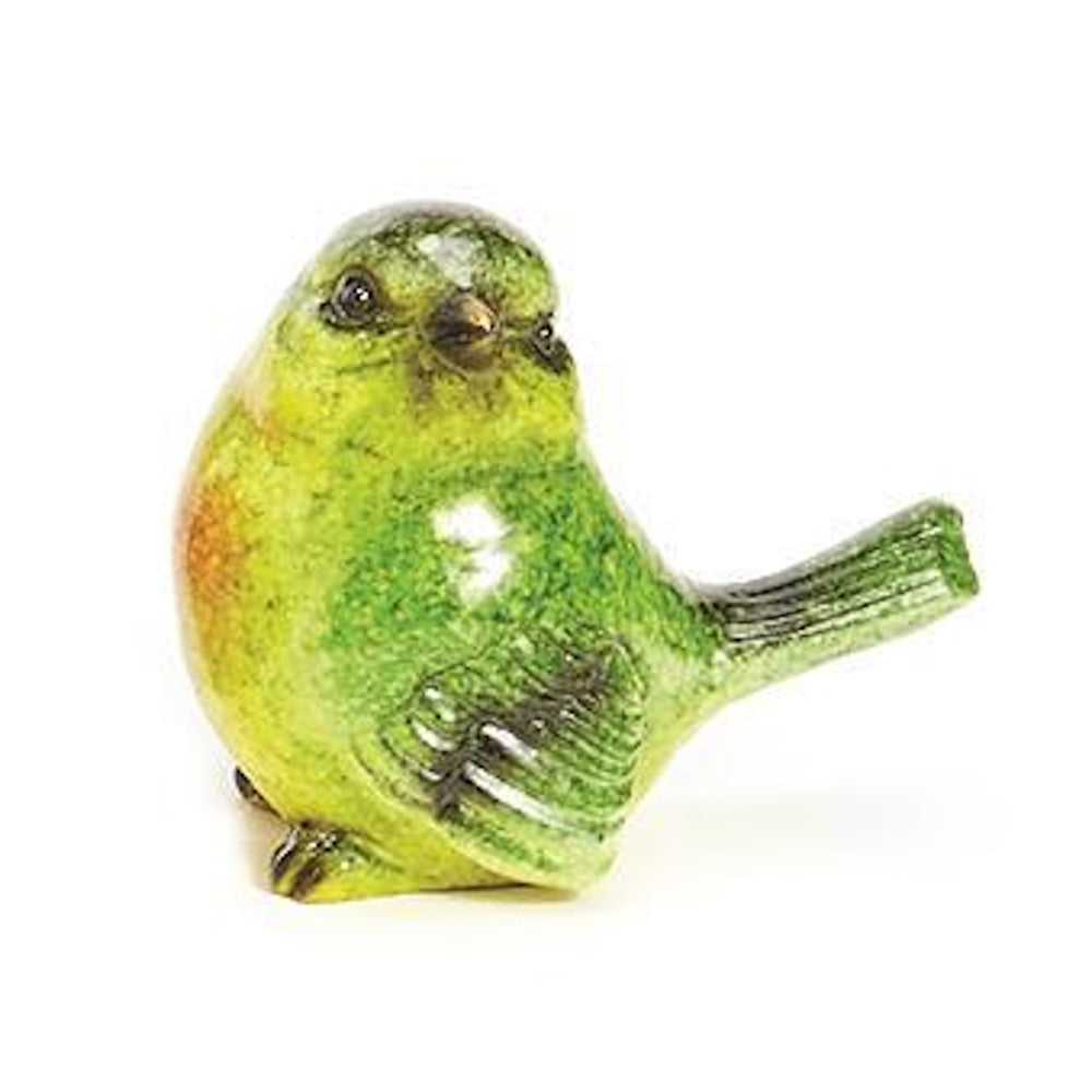 Small, hand-painted ceramic bird figurine in shades of green and yellow with a glossy finish.