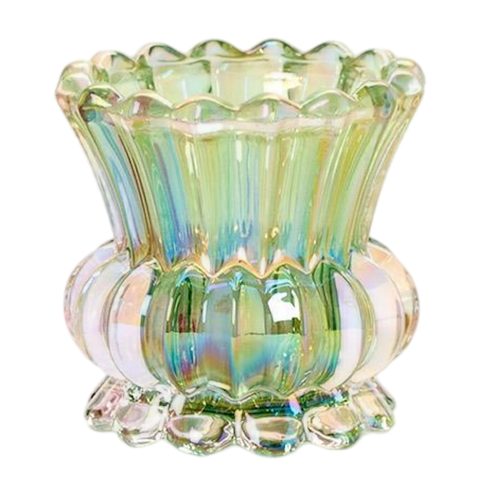Green iridescent ribbed glass tealight candle holder or small bud vase.