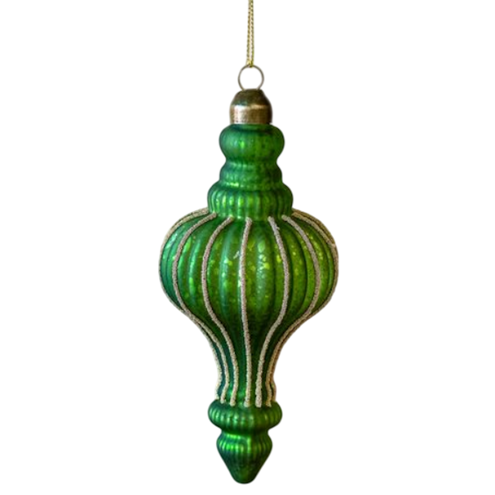 Large green ribbed glass finial ornament with glitter accents and an antique brass cap.