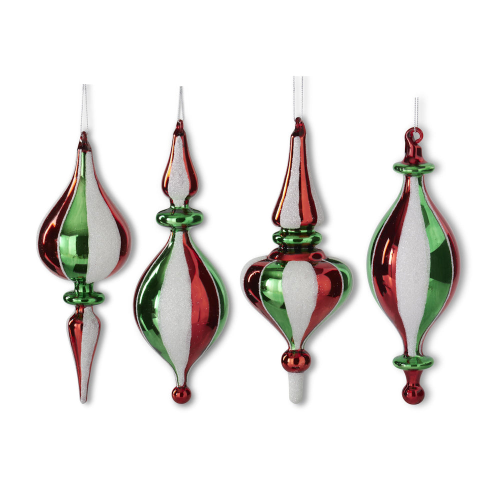 Green, Red & White Stripe Glass Glittered Finial Ornaments