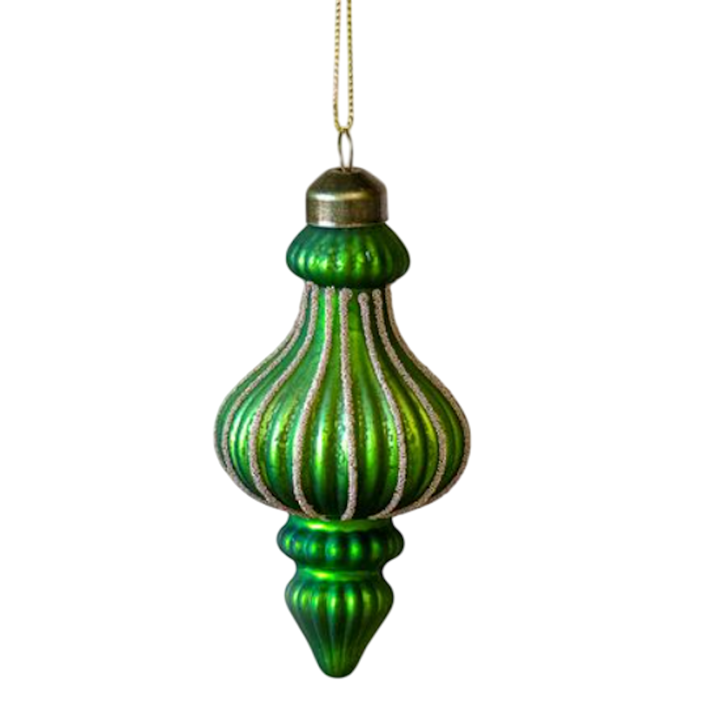 Green ribbed glass finial ornament with glitter accents and a antique brass cap.