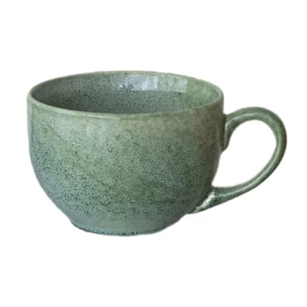 A simple, speckled green ceramic mug with a handle, set against a plain white background.