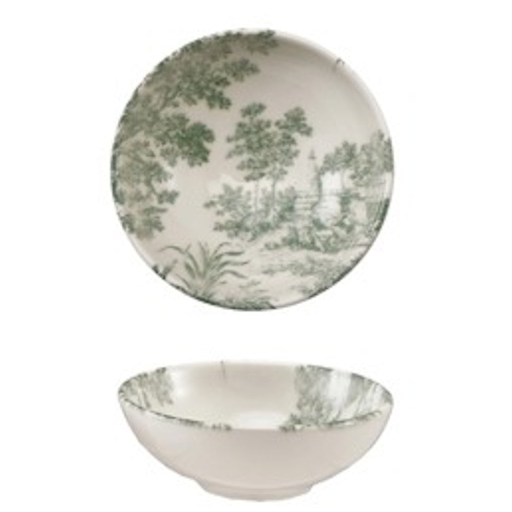 Top and side views of a white stoneware bowl with a green pastoral toile pattern featuring trees and landscapes.