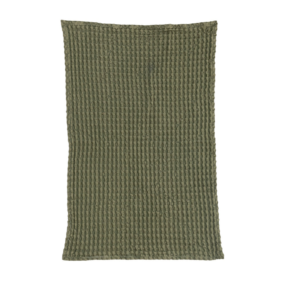 Olive green cotton tea towel with a textured waffle weave pattern, shown flat against a white background.