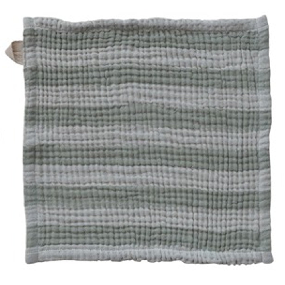 Square green and white striped dish cloth with a textured, puckered weave and a small hanging loop.