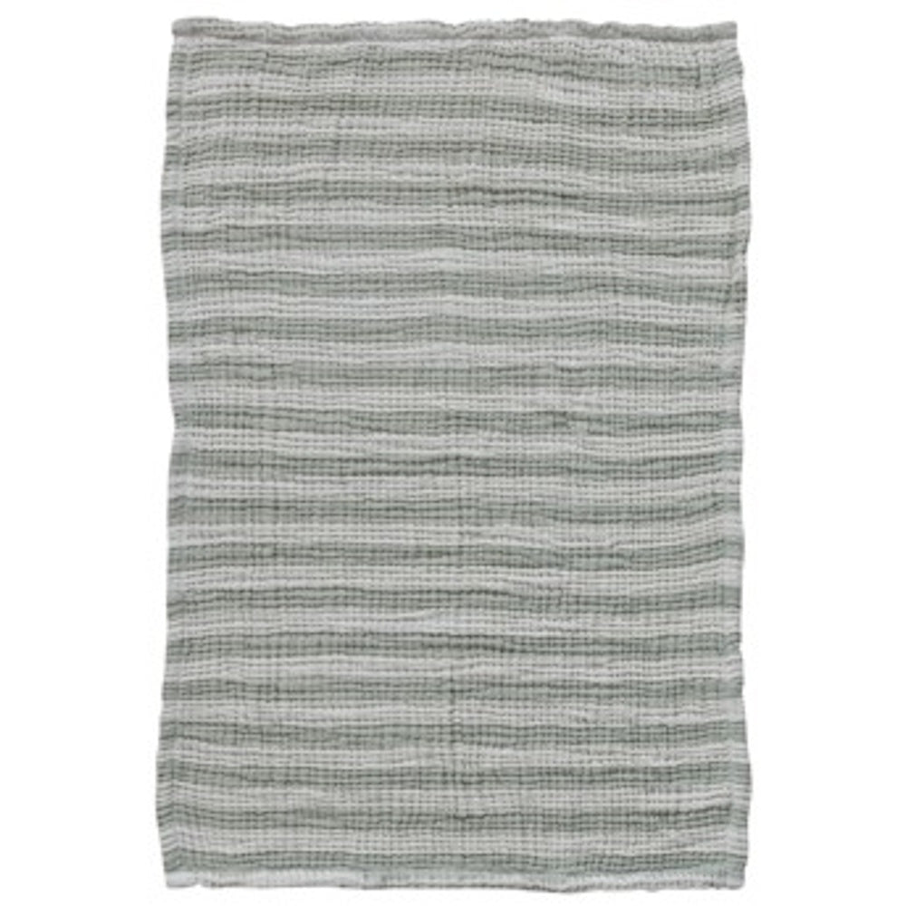 Rectangular tea towel with horizontal green and white stripes. The fabric has a textured, crinkled double-cloth weave.