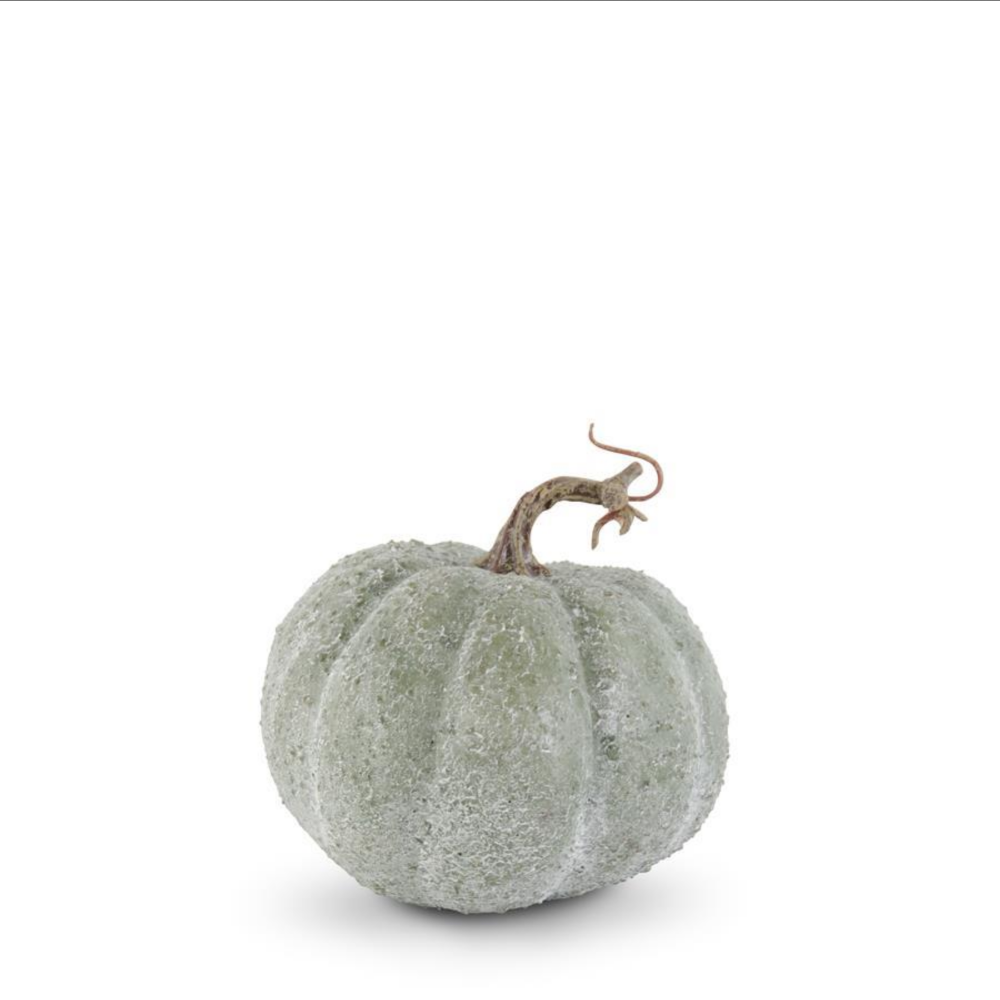 A frosted sage green decorative pumpkin with a textured finish and curled brown stem.