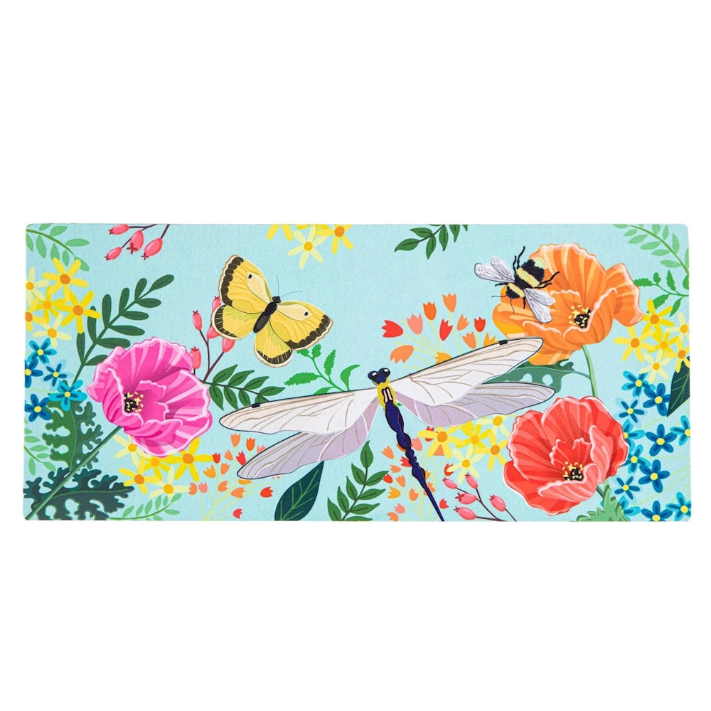 Floral garden mat with butterfly, dragonfly, and bee among colorful poppies on a light blue background.
