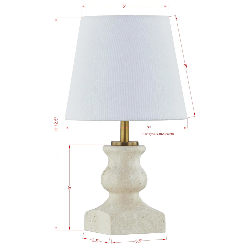 Small bedside lamp with a textured ceramic base and white fabric shade showing 12.5-inch height dimensions.