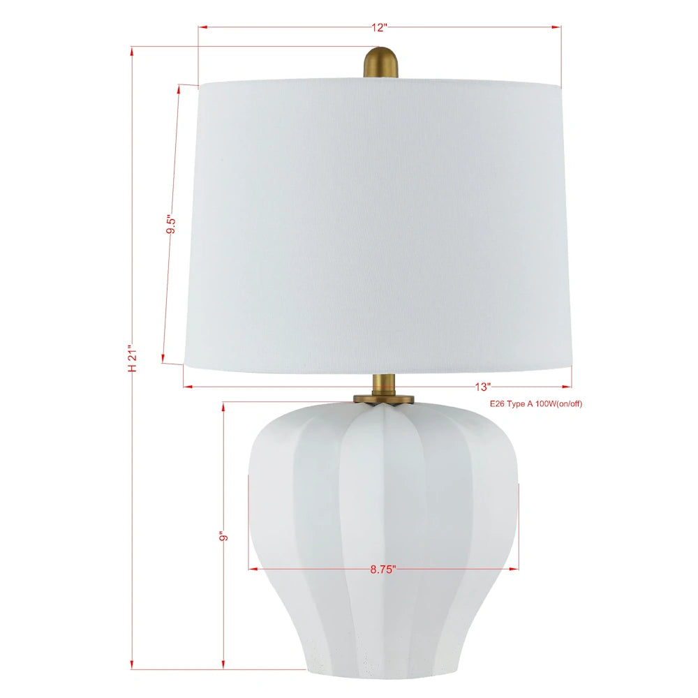 White ceramic table lamp dimensions with faceted base, 21 inch height and 13 inch wide drum shade.
