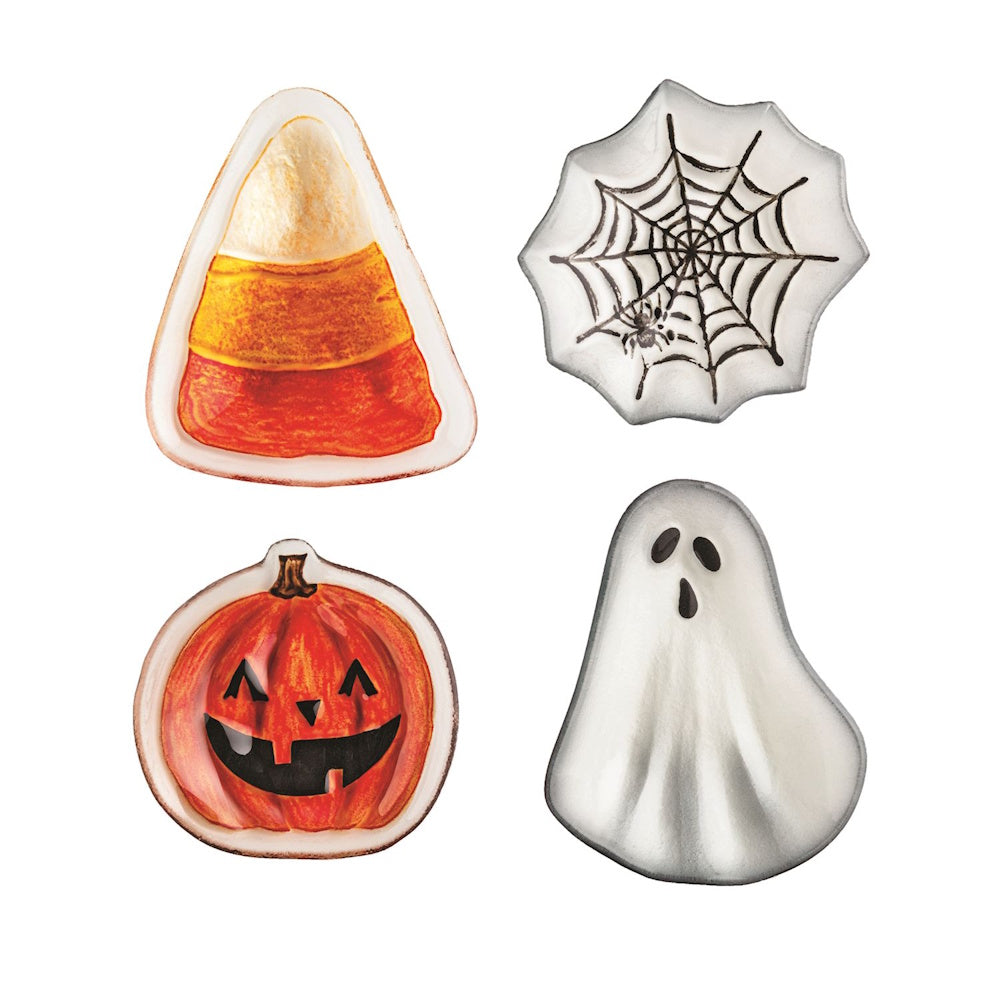 Set of four Halloween tidbit plates: candy corn, spider web, jack-o'-lantern, and ghost.