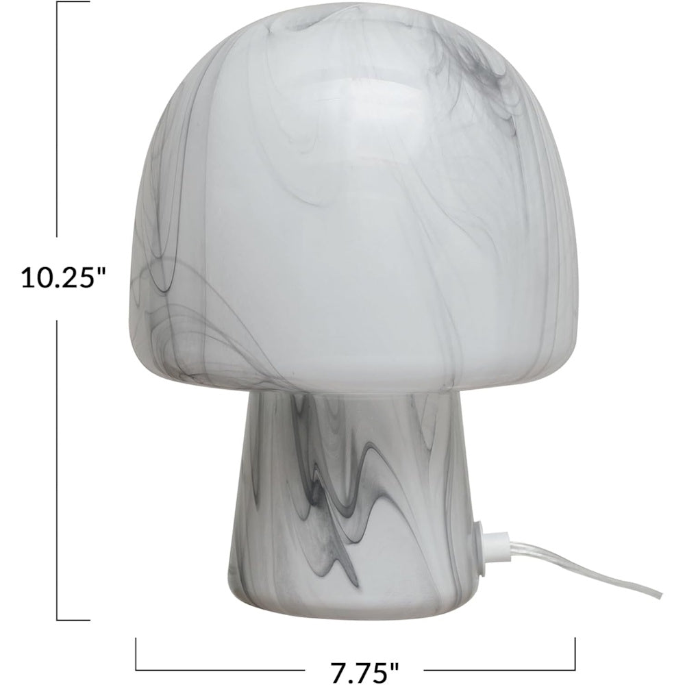 White and gray marbled hand-blown glass mushroom table lamp, 10.25 inches tall, featuring a sleek, modern artistic design.
