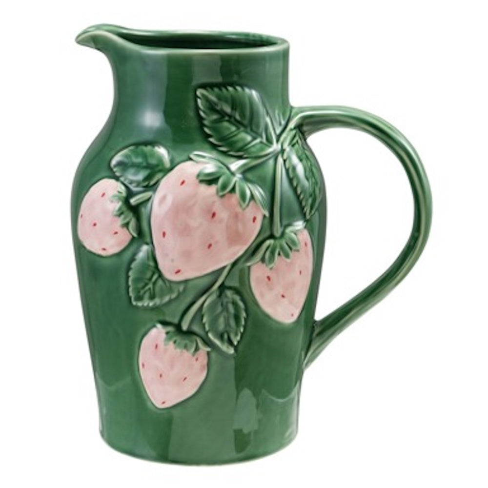 A green stoneware pitcher featuring embossed, hand-painted pink strawberries and green leaves.