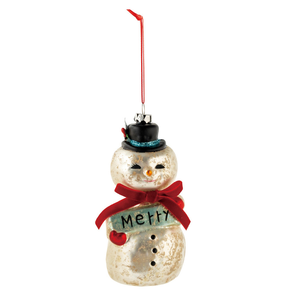Hand-painted mercury glass snowman ornament wearing a top hat and holding a "Merry" sign with a hanging string.