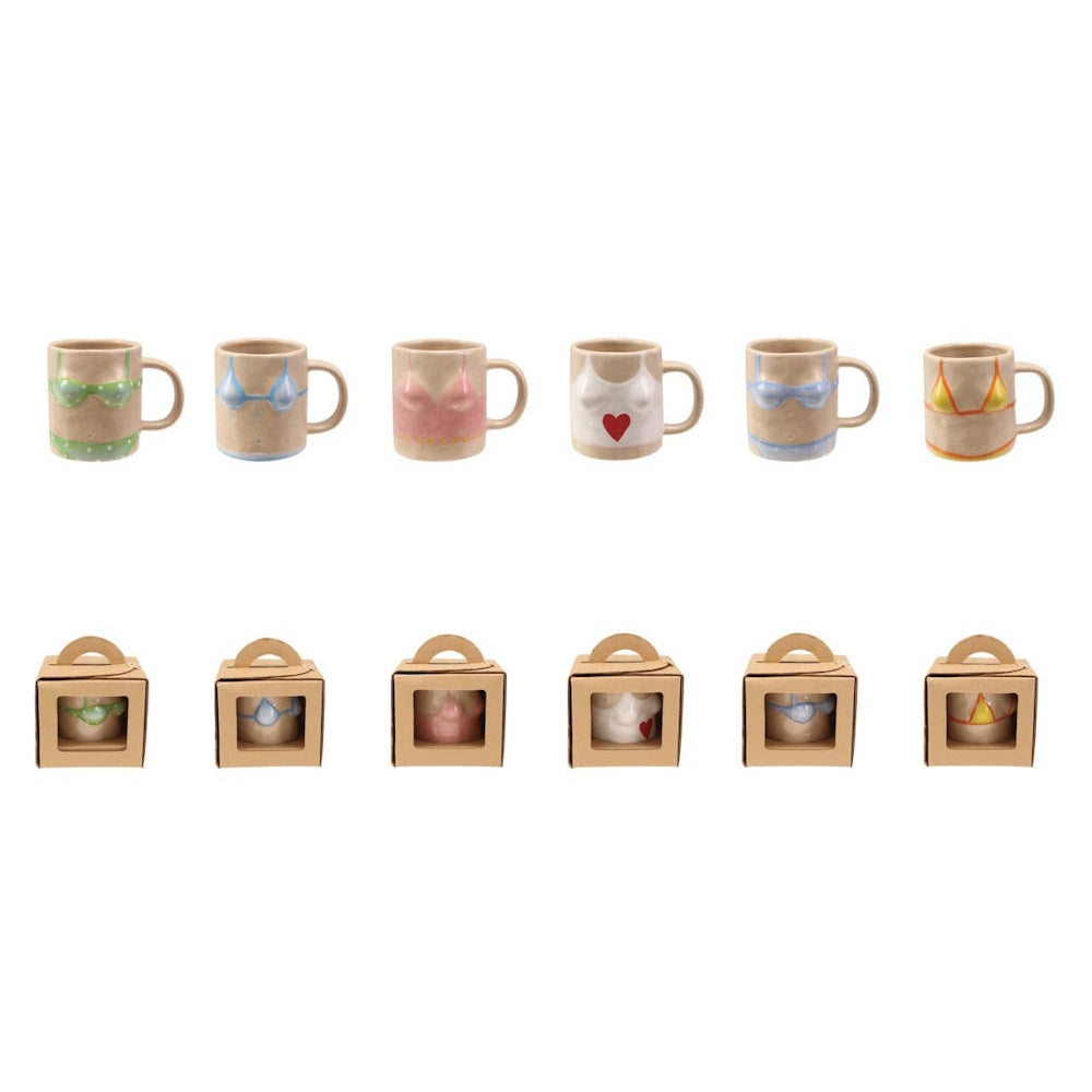 Set of hand-painted stoneware mugs painted in various bikini tops, each with a matching gift box.