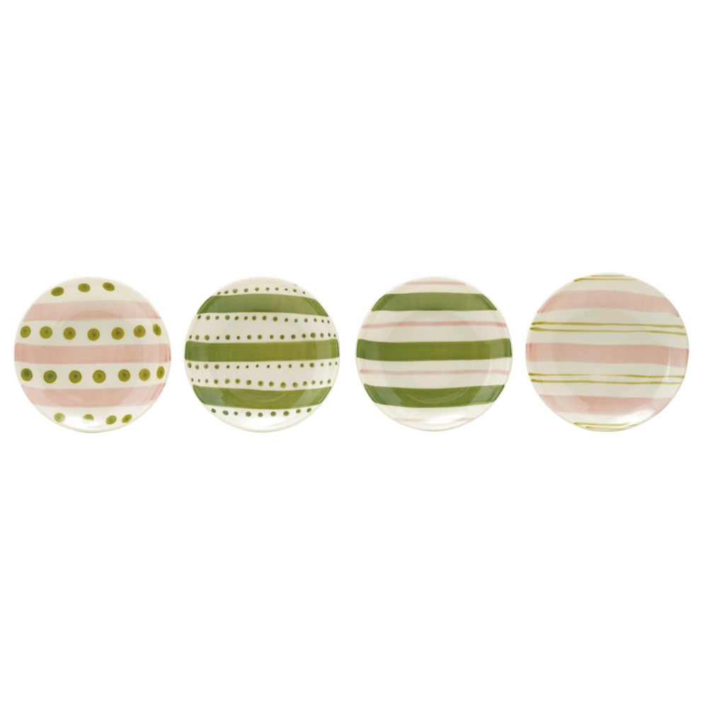 Set of four small hand-painted ceramic dishes featuring green and pink striped and dotted designs.