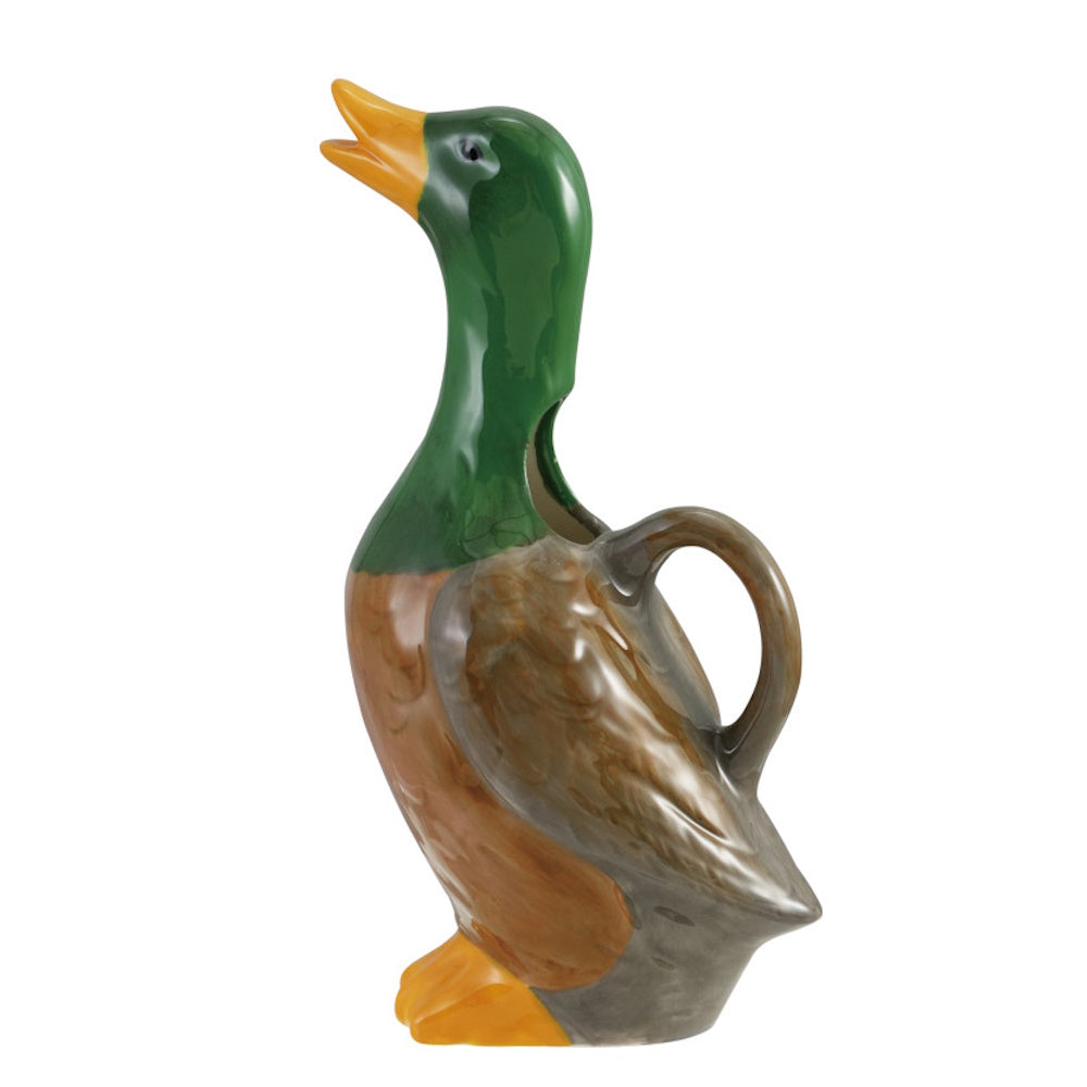 Hand-painted stoneware mallard duck shaped pitcher with a green head and brown feathers.
