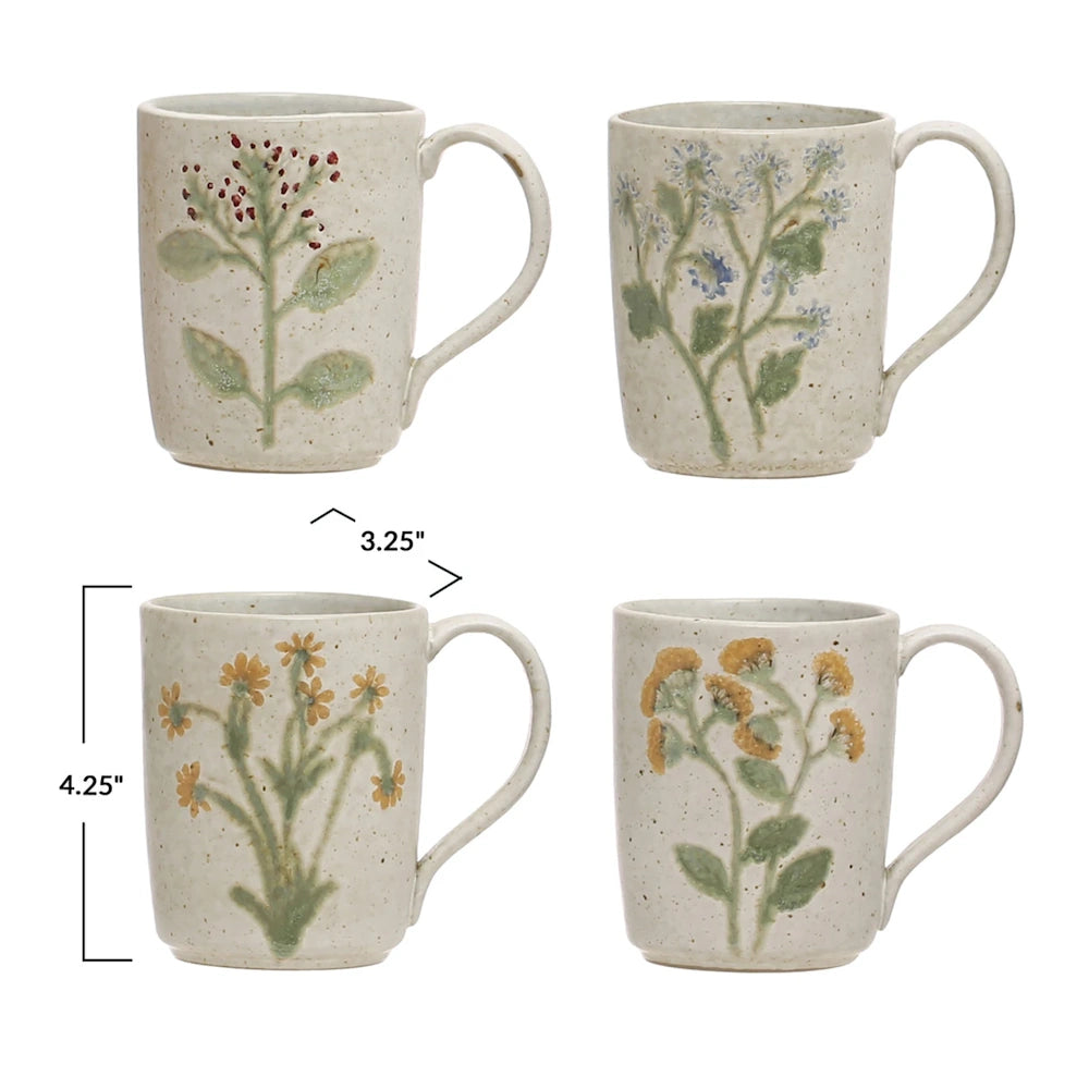 Set of four botanical stoneware mugs with dimensions labeled as 4.25 inches high and 3.25 inches wide.