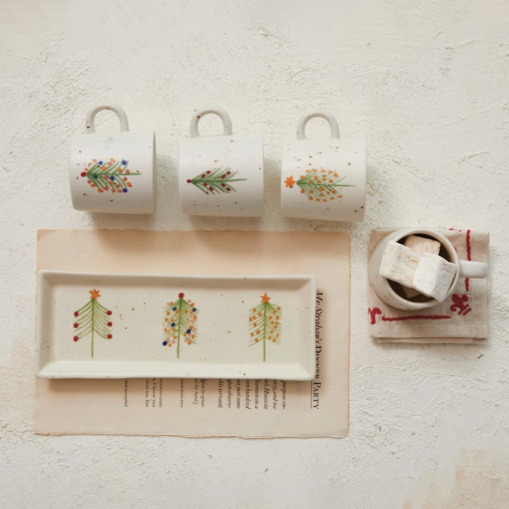 Hand-Painted Stoneware Platter with Christmas Trees