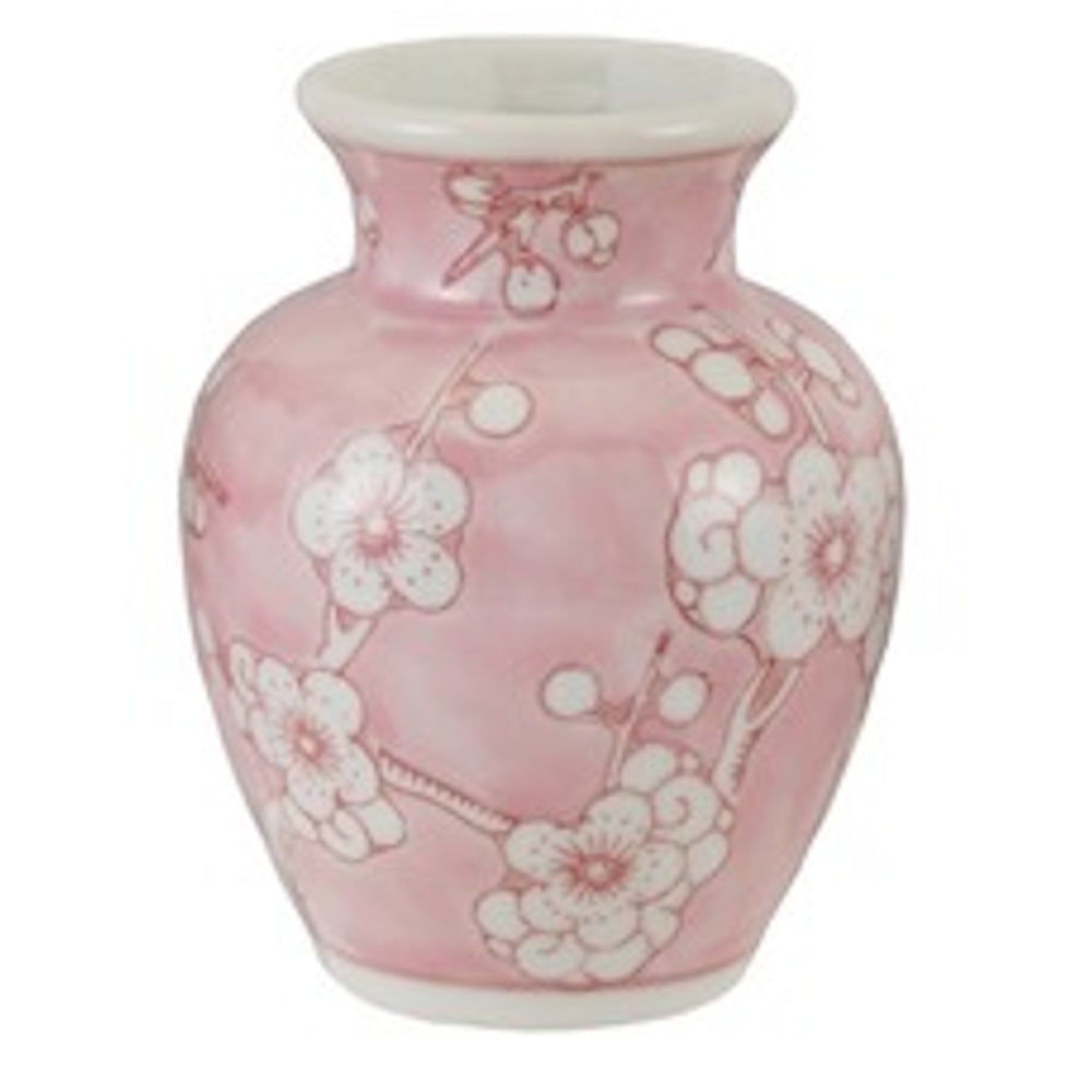 Small pink stoneware vase with hand-painted white cherry blossom branches and a white rim.