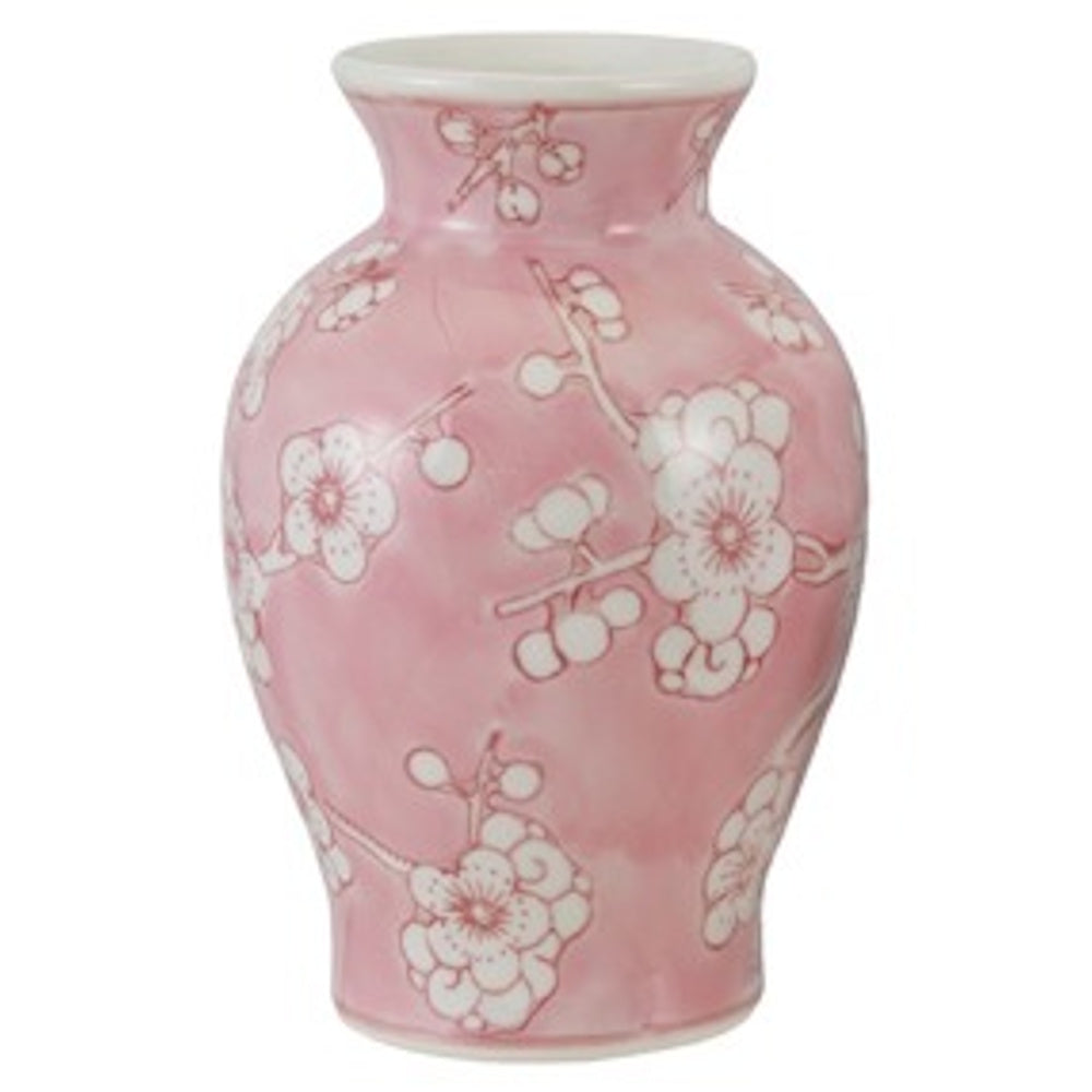 Pink stoneware vase with hand-painted white cherry blossom branches and a white rim.