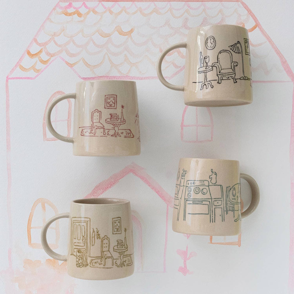 Four beige ceramic mugs with hand-stamped home interior scenes arranged over a pink house outline.