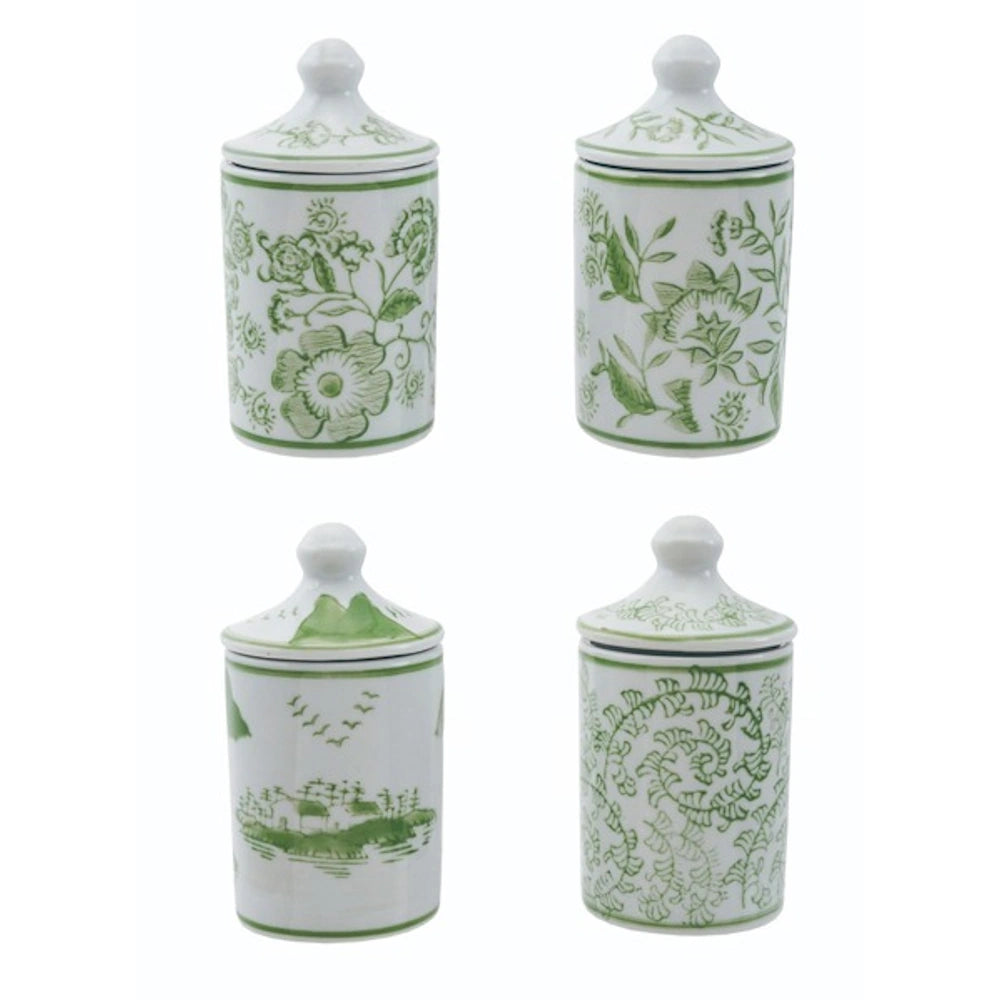 Hand-Stamped Stoneware Spice Jar with Pattern -  White/Green