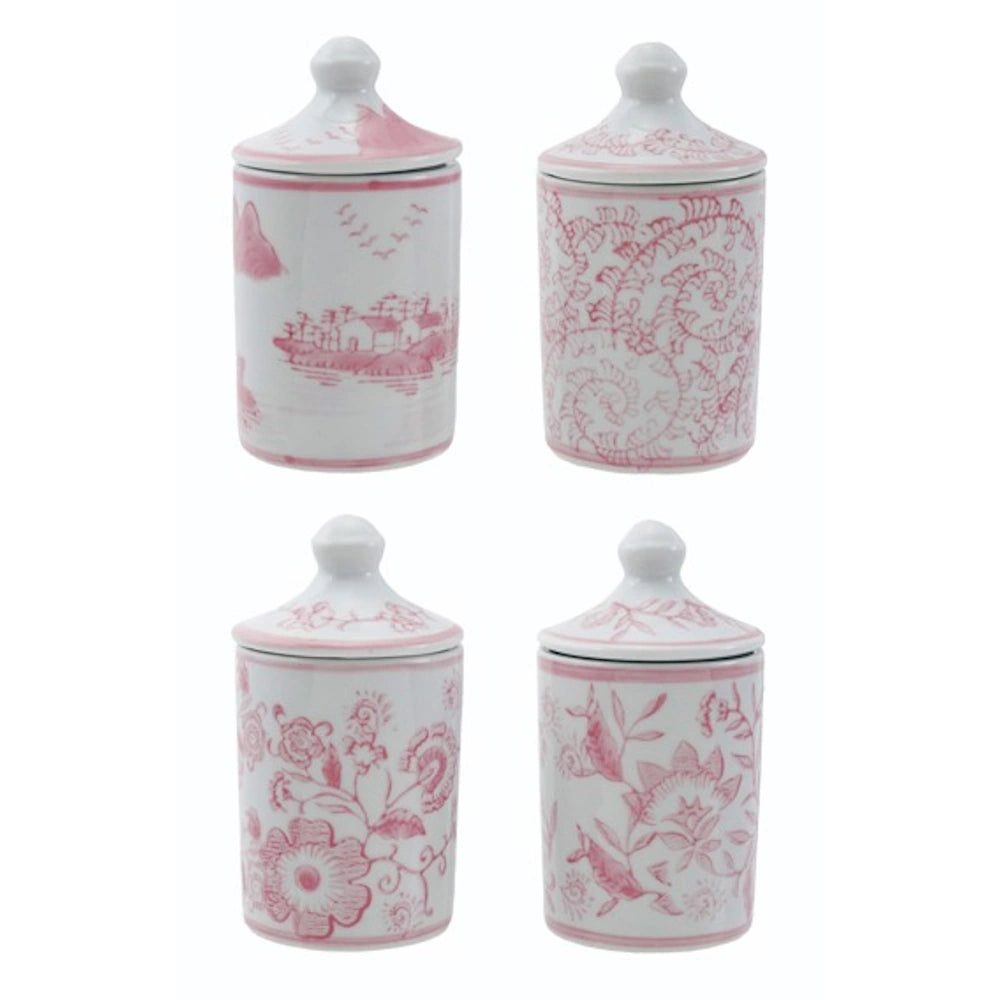 Hand-Stamped Stoneware Spice Jar with Pattern - White/Pink