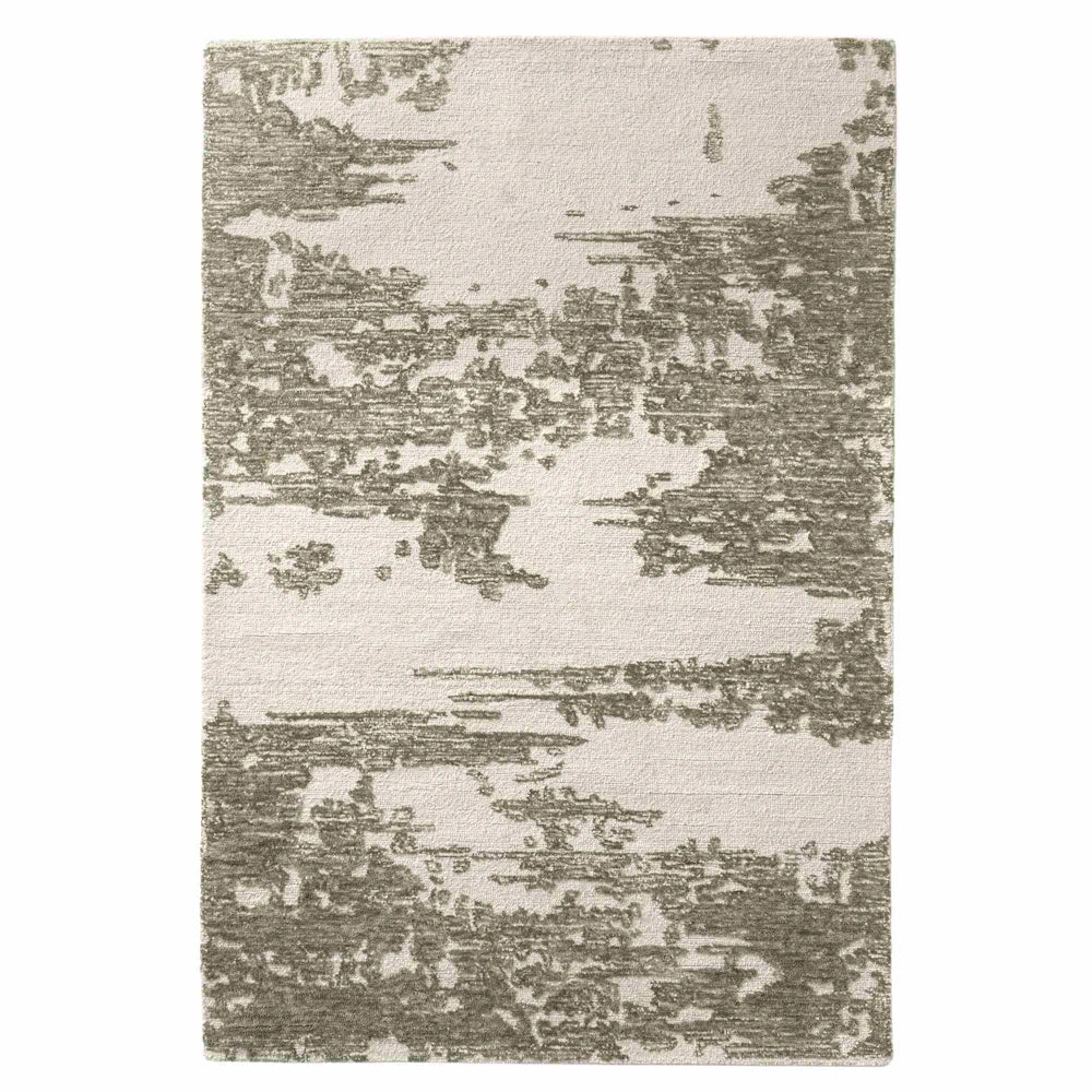 Green and ivory hand tufted area rug with abstract distressed pattern and modern artistic design.