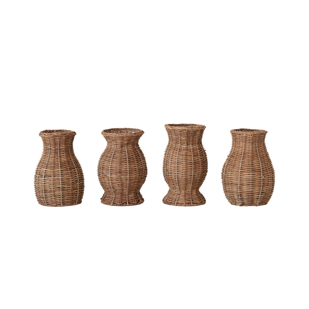 Four hand-woven natural brown rattan vases in assorted shapes displayed in a row on a white background.