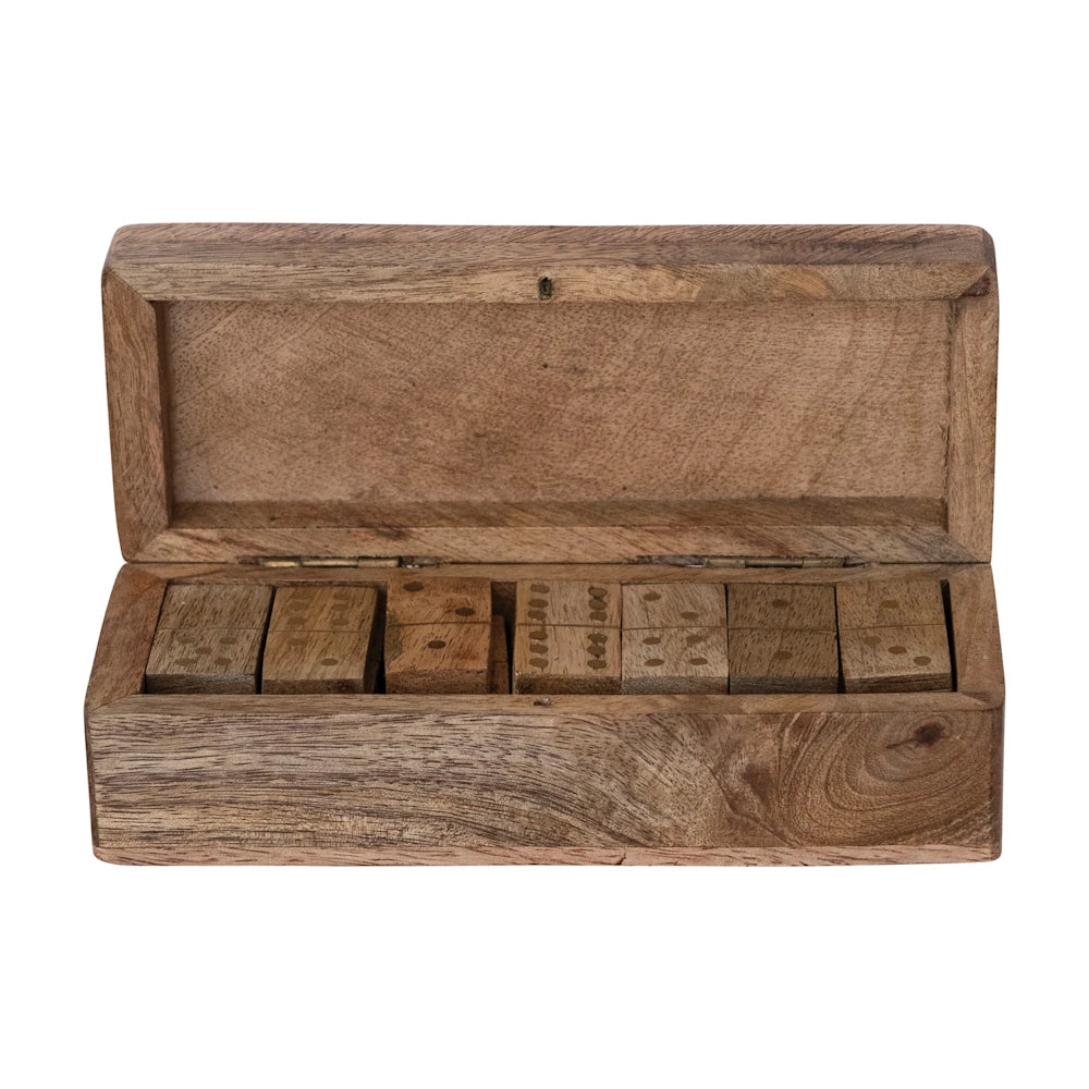 Handmade brass dominoes in an open mango wood storage box on a white background.