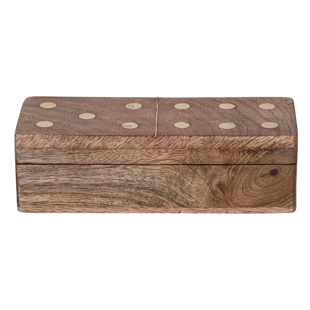 Handmade mango wood box with brass inlay domino design, decorative storage for game night and coffee table decor.
