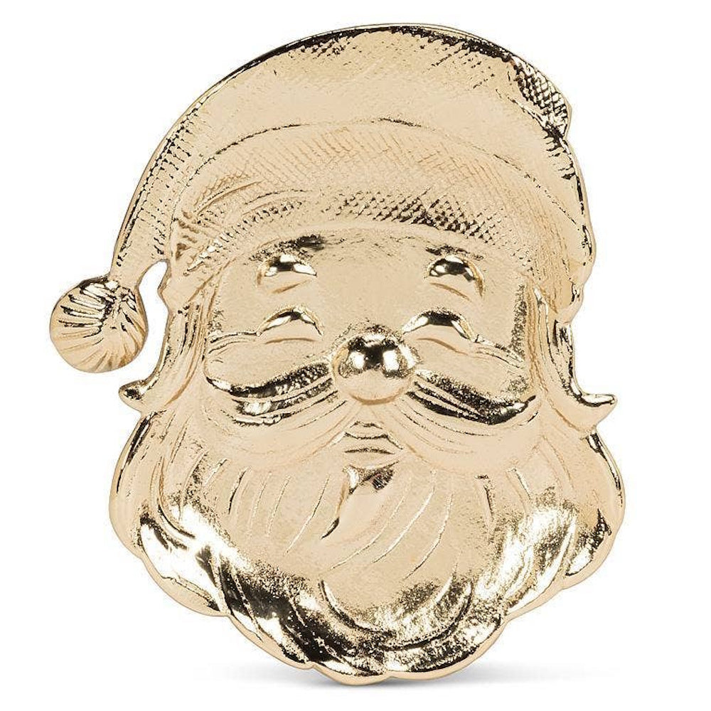 Gold metallic tray shaped like a smiling Santa face with a hat, shown straight-on against white.